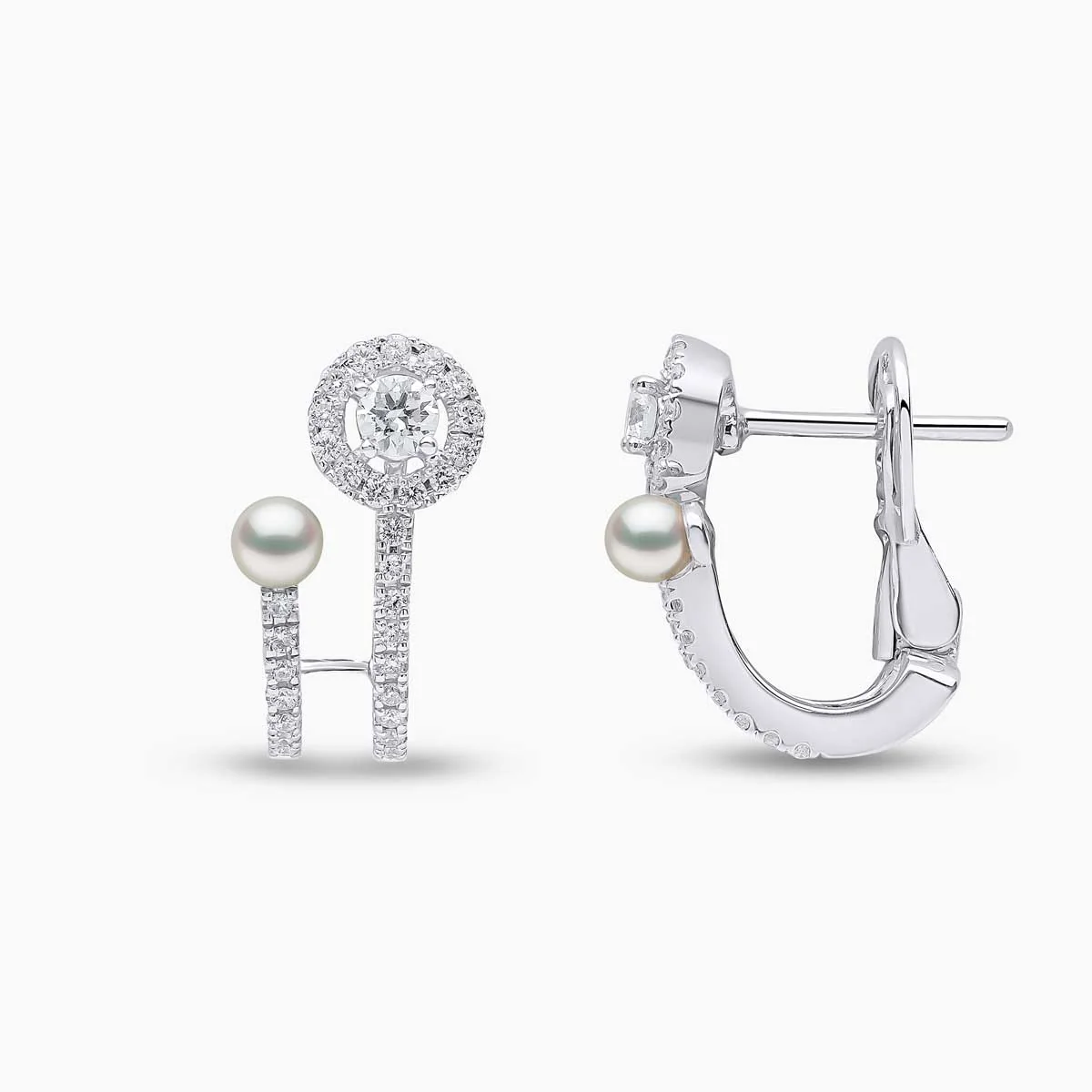 Baby Glitz 18K Gold Akoya Pearl and Brilliant Round Cut Diamond Hoop Earrings - Image 2