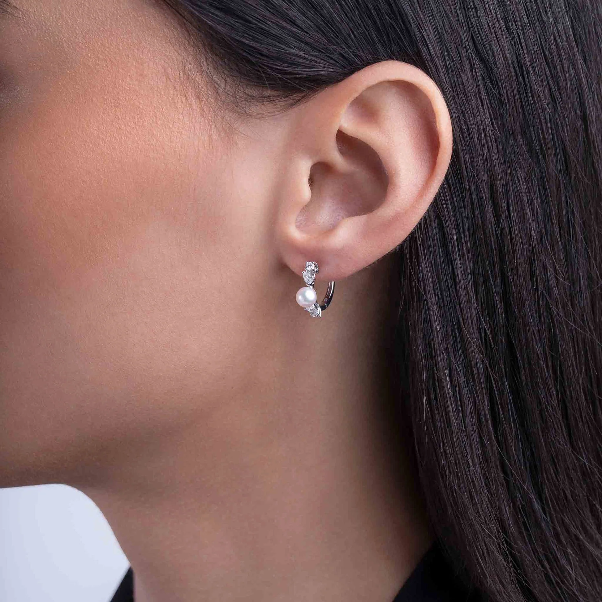 Baby Glitz 18K Gold Akoya Pearl and Diamond Hoop Earrings - Image 2