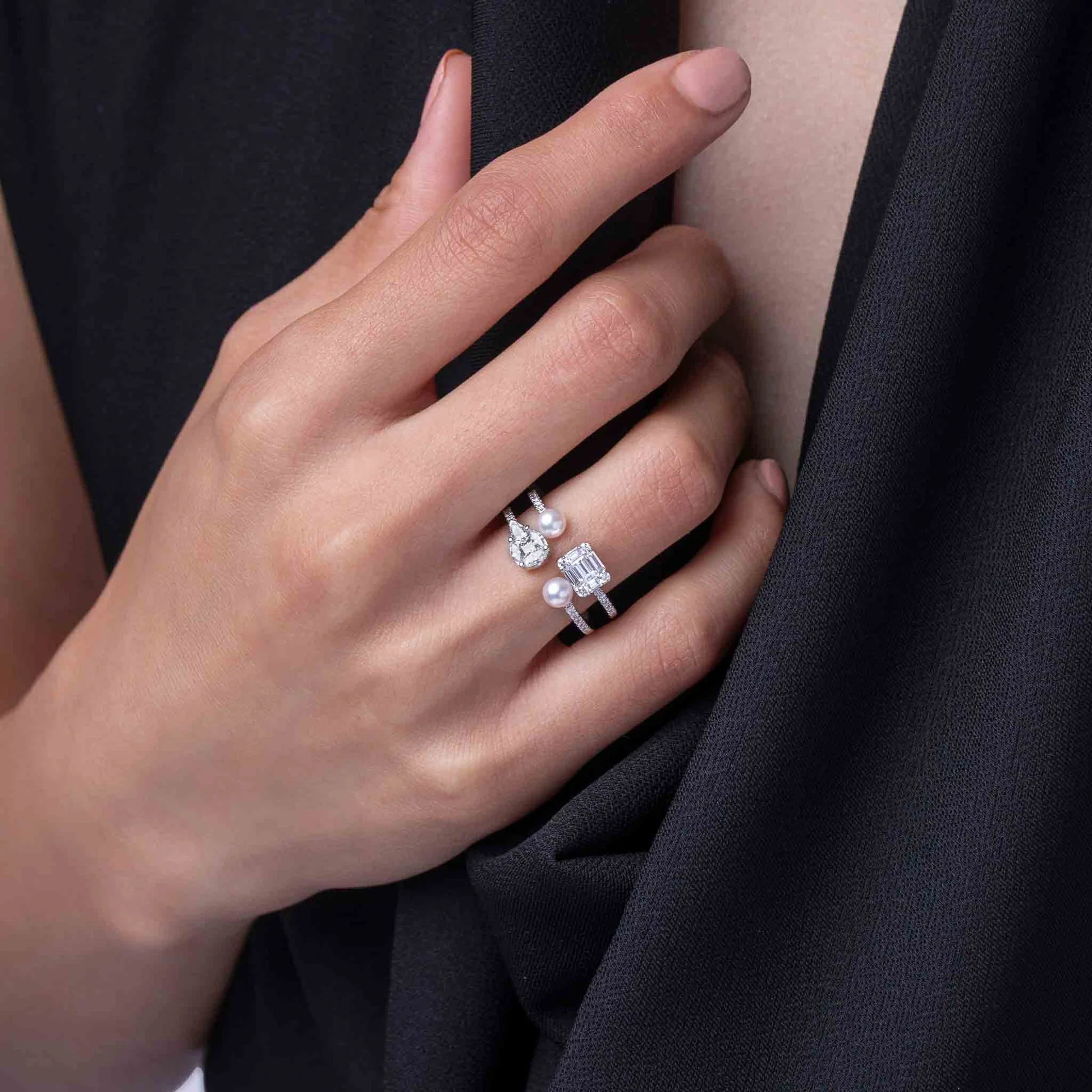Baby Glitz 18K Gold Akoya Pearl and Multi Diamond Open Ring - Image 2