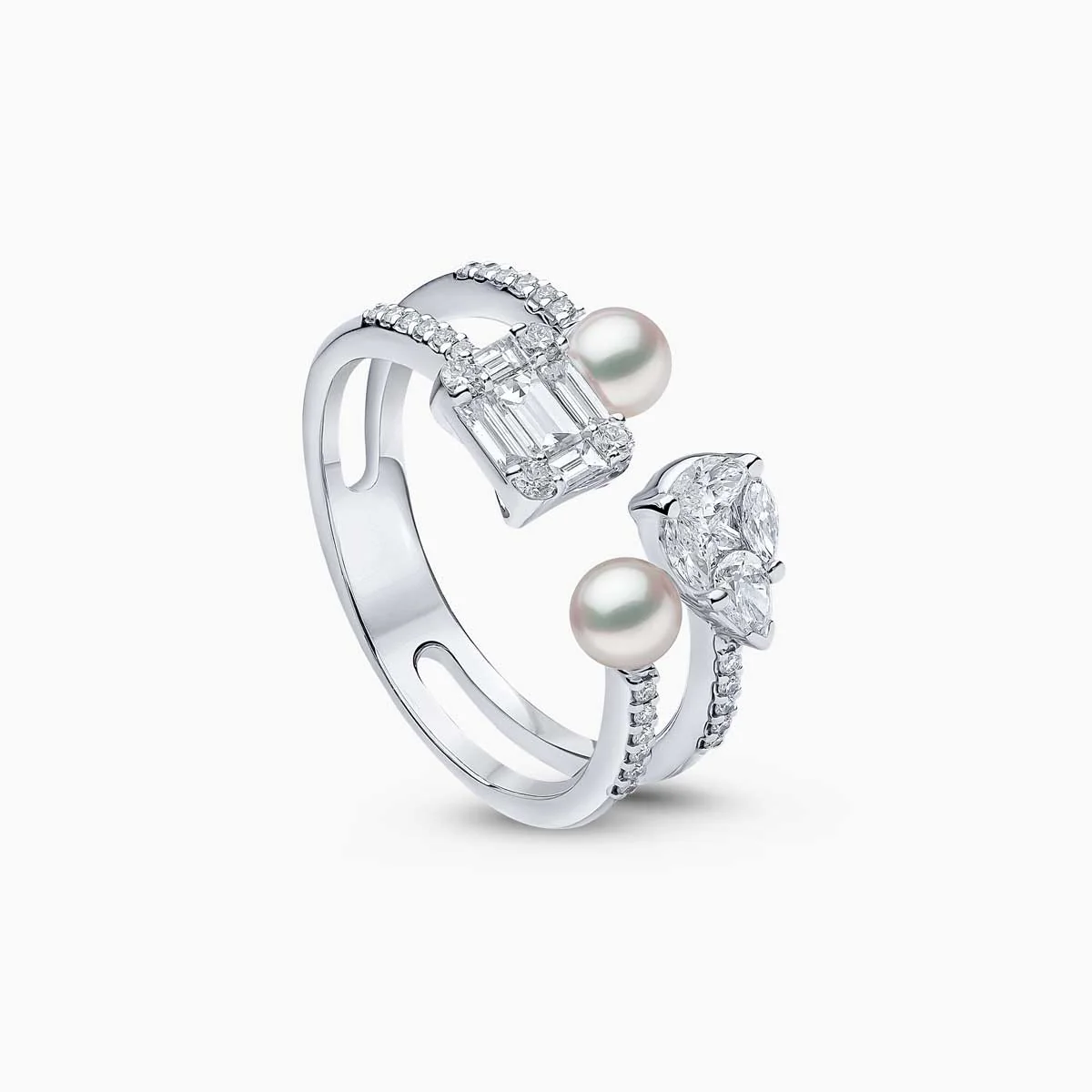 Baby Glitz 18K Gold Akoya Pearl and Multi Diamond Open Ring - Image 3
