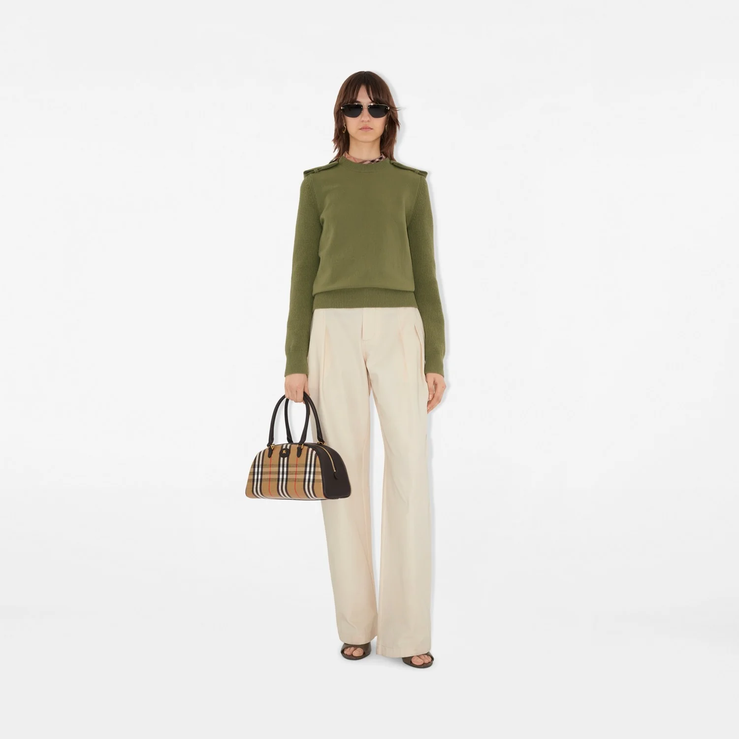 Check Epaulette Wool Cashmere Blend Sweater - Image 6