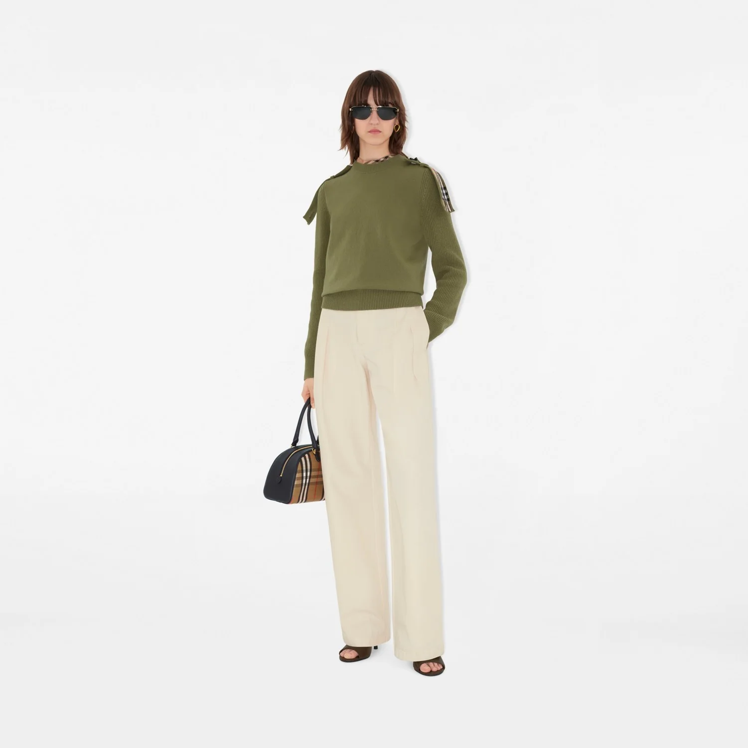 Check Epaulette Wool Cashmere Blend Sweater - Image 8