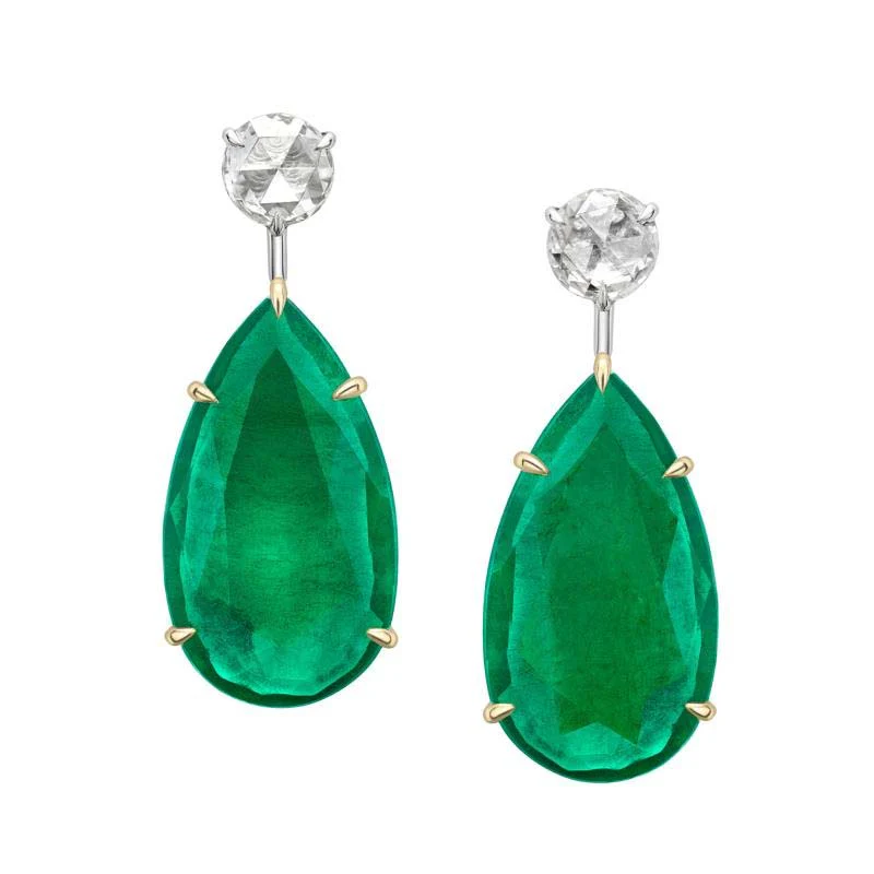 Colours of Love Yellow and White Gold Pear Shaped Emerald and Diamond Drop Earrings