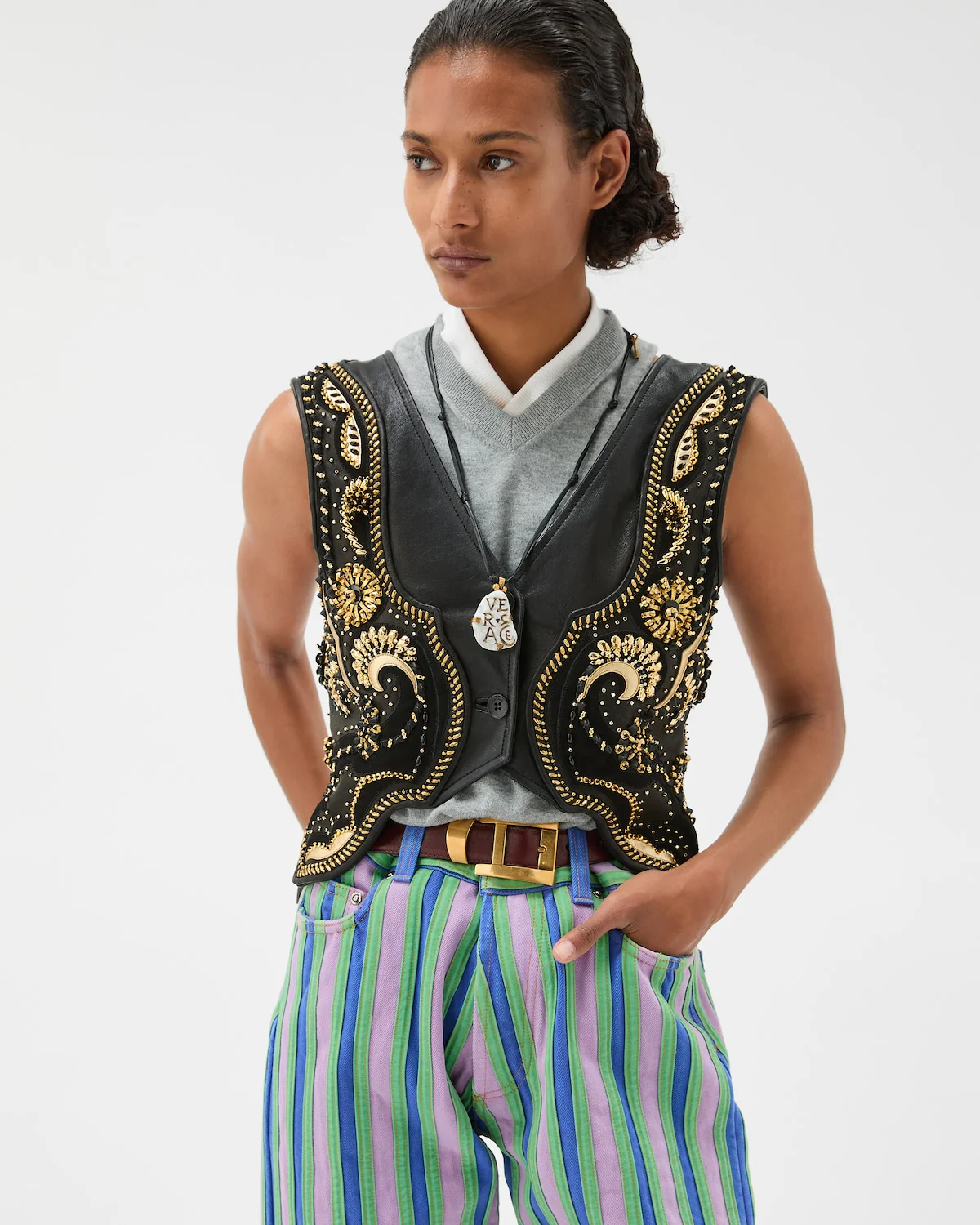Embroidered Crop Leather Vest - Image 3