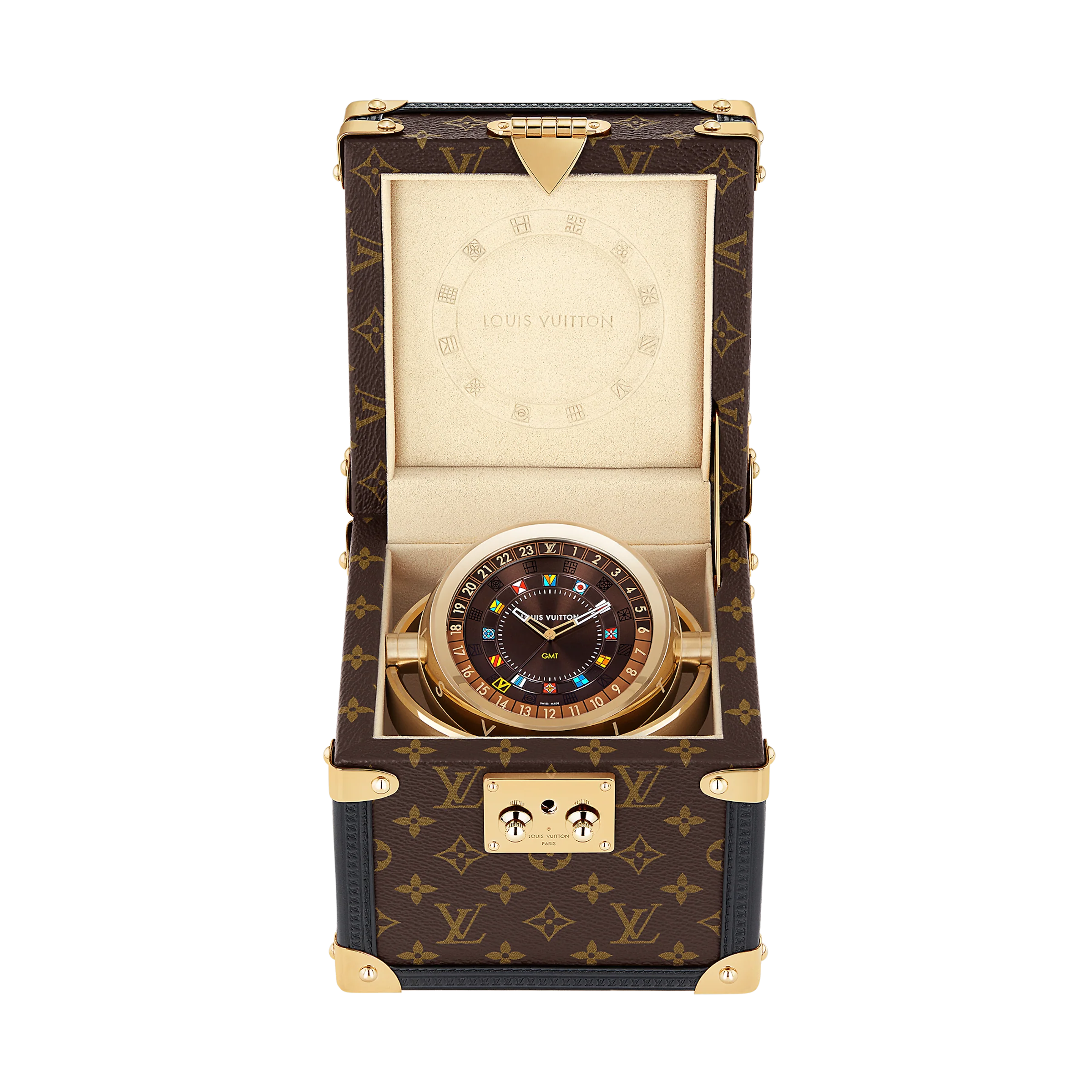 Trunk Table Clock, Quartz, 80mm, Brass, Monogram