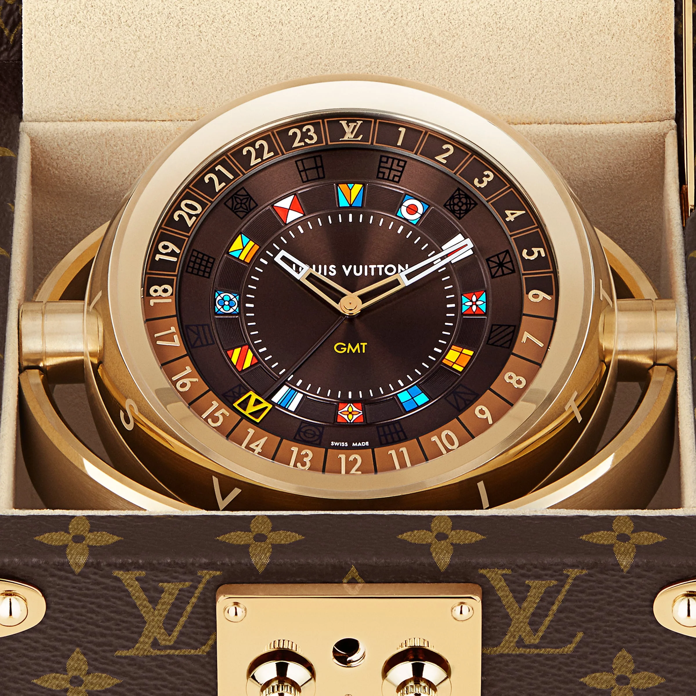 Trunk Table Clock, Quartz, 80mm, Brass, Monogram - Image 2