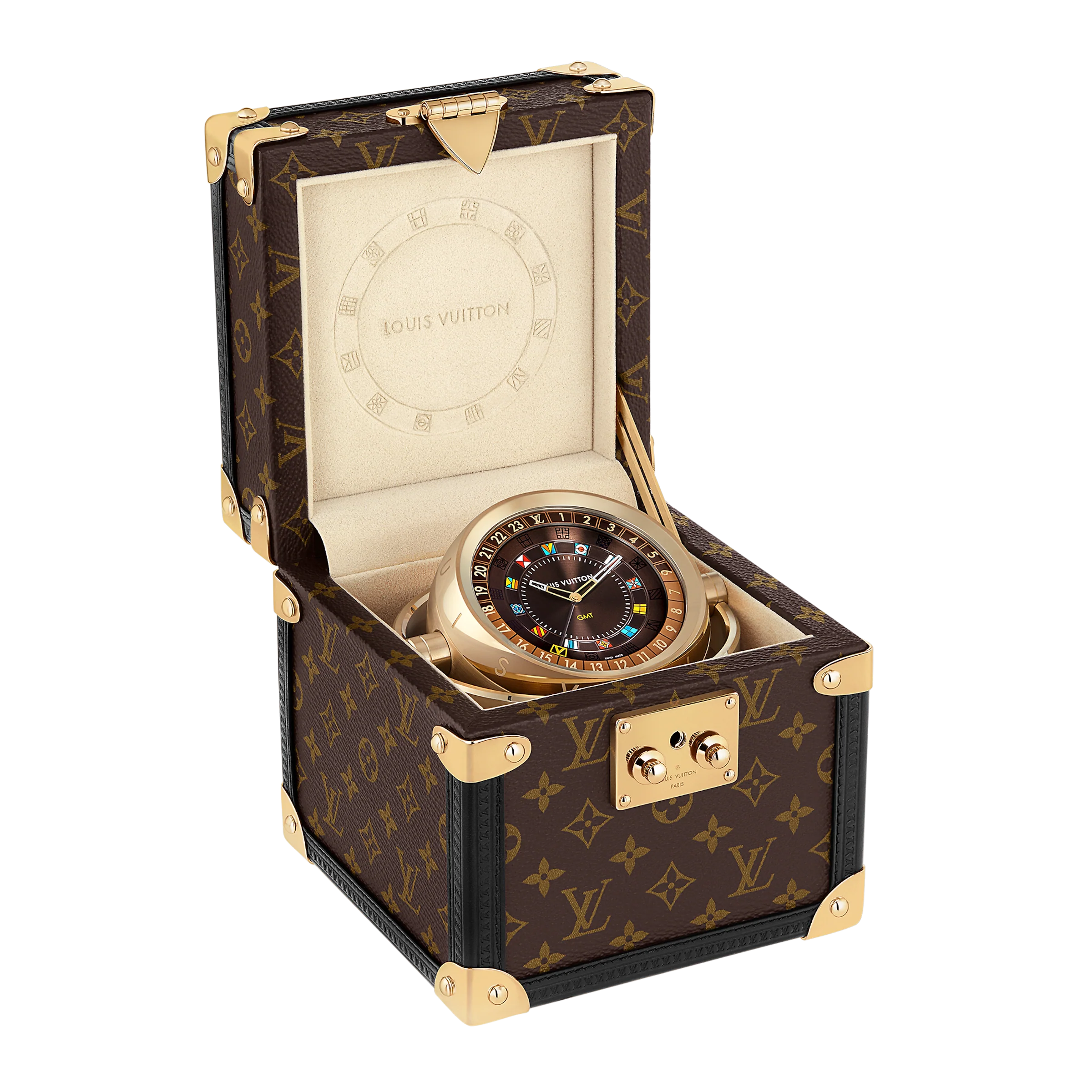 Trunk Table Clock, Quartz, 80mm, Brass, Monogram - Image 3