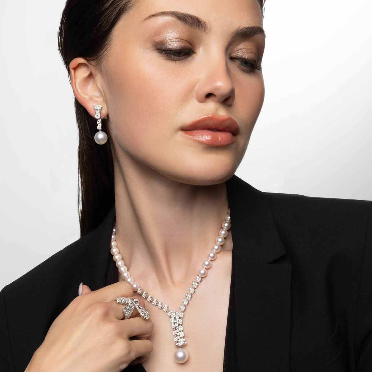 Zyyp 18K White Gold Multi Pearl and Diamond Zip Necklace - Image 2